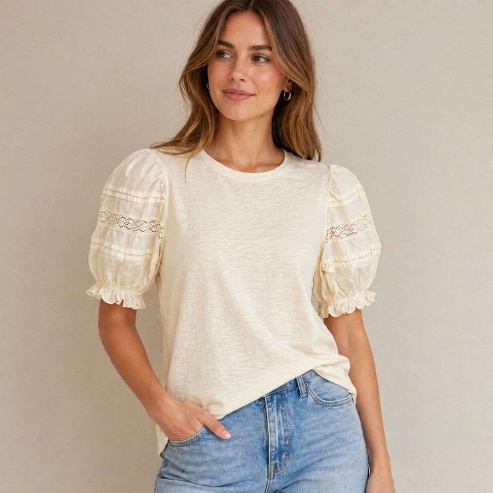Lauren Ralph Lauren Cream Cotton Slub Puff Sleeve Lace Trim Top XS Boho Preppy